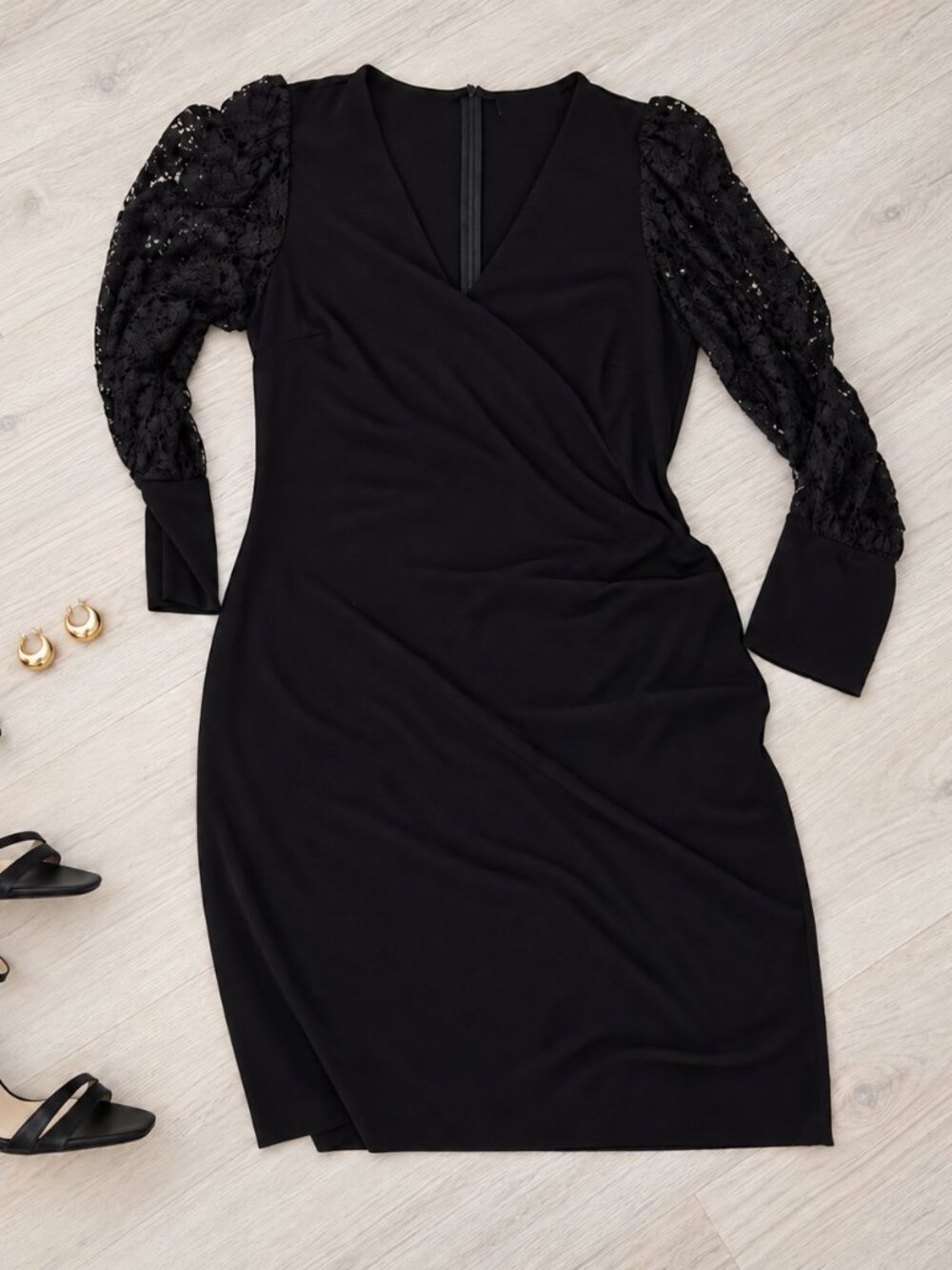 ✨Karen Kane Black Illusion Lace Sleeve Faux Wrap Cocktail Sheath Dress MP✨